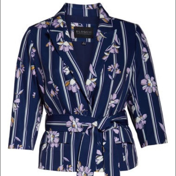 Eloquii Purple Floral Striped stretchy belted blazer Jacket - Picture 4 of 15